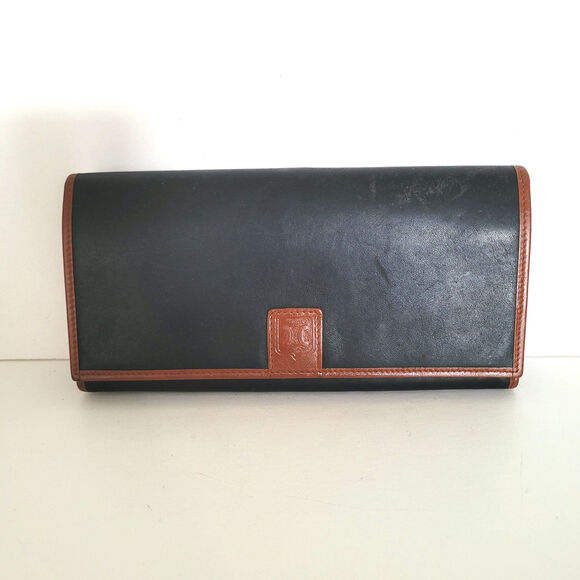 Celine Vintage Leather Large Wallet Tan Trim Black Long Logo Designer Envelope - Picture 1 of 11